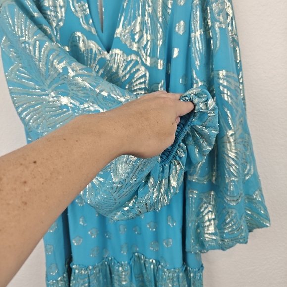 Lilly Pulitzer Nwot Joella Silk Mini Long Sleeve Metallic A Line Bermuda Blue 14 - Picture 8 of 16
